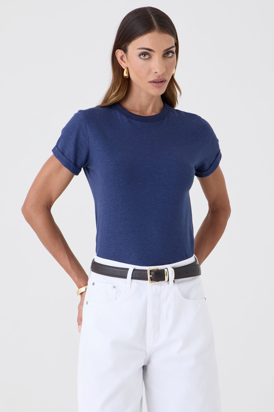 T-shirt Gola Redonda Manga Barra Dobrada – Marinho